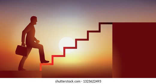 Concept of the success and rise of a businessman in the hierarchy of his company, symbolically climbing stairs to reach the coveted place of leader.