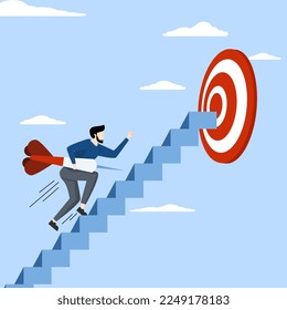 Concept of success steps to achieve business goals, challenge concept, cheerful businessman carrying darts on ladder to achieve bullseye dartboard. developing a journey or aiming to achieve a goal.