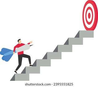 Concept of success steps to achieve business goals, challenge concept, cheerful businessman carrying darts on ladder to achieve bullseye dartboard. developing a journey or aiming to achieve a goal.

