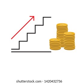 Concept of success. Steps of career development with an arrow indicating up. Different piles of gold coins. Vector illustration.