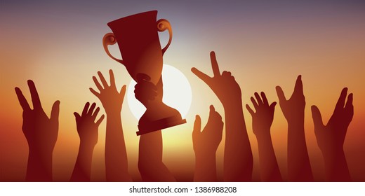 Concept of success, with a team of athletes enjoying their victory, brandishing the trophy won during a sports competition and raising their arms in sign of victory.
