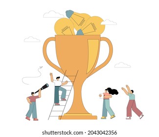El concepto de éxito. Trabajo en equipo para un trofeo, una ilustración plana del vaso de oro Vector.