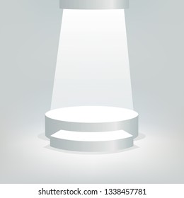 Concept of success with two projectors that illuminate a white podium on a white background, to present an event and distribute a trophy to a winner.