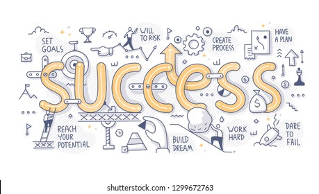 The Concept Of Success. Various Components Of Successful Outcome. Hand Drawn Doodle Illustration For Web Banner, Hero Image And Printing Material