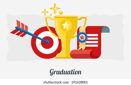 Concept of success and win. Design element of diploma education, gift certificate, golden bowl and target. Flat design. Vector Illustration.