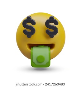 Erfolgskonzept, Lotterie gewinnen. Unerwarteter Wohlstand, Gewinn. Emoticon mit Geld im Mund. Green-Dollar-Scheine. 3D-Symbol für soziales Netzwerk, Chat, Spiel