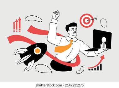 Concept of success. Young guy celebrating with laptop in his hands, entrepreneur launching start up. Businessman innovates, company development, income growth. Cartoon flat vector illustration