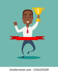 Concept of successful black african american businessman in a finishing line. Businessman victory with hands up run toward red ribbon tape finish. Concept business illustration.