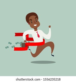 Concept of successful black african american businessman in a finishing line. Businessman victory with hands up run toward red ribbon tape finish. Concept business illustration.