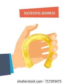 Concept of successful business. Economic and career growth, luck, success in work and activities. Horseshoe for luck and success in business. Vector illustration isolated on white background.