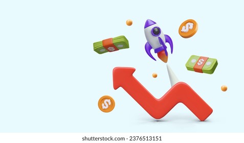 Concept of successful business, profit. 3D rocket starts, red arrow points up, coins and banknotes. Profitable startup. Layout in cartoon style. Help in running business