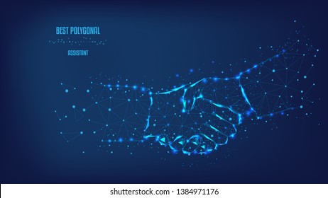 Concept of a successful business project. Handshake from triangles and luminous points. Background of beautiful dark blue night sky. Vector Polygonal illustration. Low poly.