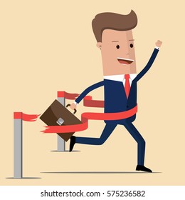 Concept of successful businessman in a finishing line.  Businessman victory with hands up run toward red ribbon tape finish. Concept business illustration.