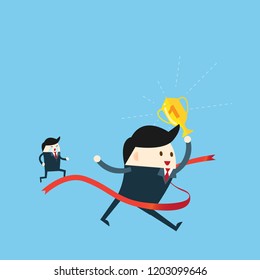 Concept of successful businessman win in a finishing line