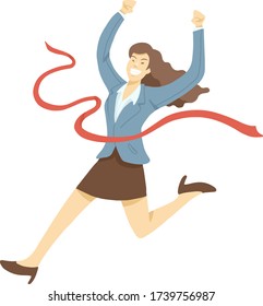 Concept of successful businesswomen in a finishing line. Businesswomen victory with hands up run toward red ribbon tape finish. Concept business illustration.