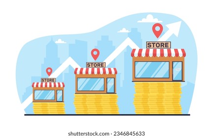 Concept of successful development and growth of small businesses. Store or shop building, financial strategy, achievement goal, coins stack. Vector cartoon flat style isolated illustration