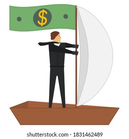 The concept of successful management and business. Businessman drives a boat with sails. Paper dollar flag on mast. Vector illustration.