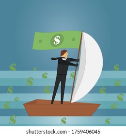 The concept of successful management, determination and profit. Businessman floating a boat with inflated sail in the sea out of money. Paper dollar flag on mast. Vector illustration.
