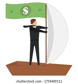 The concept of successful management and profit. Businessman drives a boat with sails. Paper dollar flag on mast. Vector illustration.