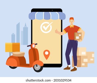 Concept of successful package delivery. Flat illustration of courier holding a parcel box with a check mark on the phone screen aside.