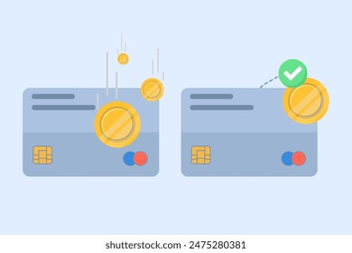 Concept of successful payment via bank debit card icon vector graphic illustration, money payment received to electronic wallet, verified check mark cash transaction image clip art.
