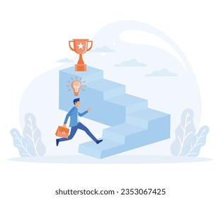 The concept of successful people. Businessman runs to the gold cup. Motivation for success. flat vector modern illustration 