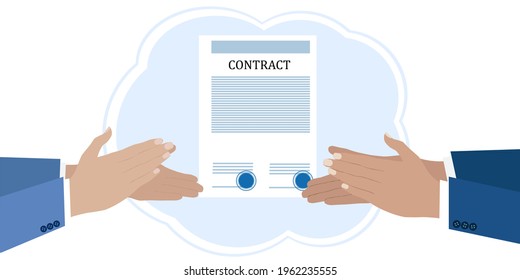 El concepto de firma exitosa del contrato. Dos pares de manos con trajes son aplaudidos. Hay un contrato firmado sobre la mesa. Ilustración del vector