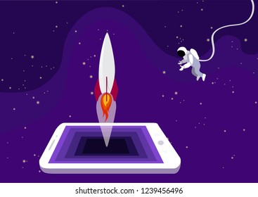 concept of a successful software product. digital startup. rocket launches into space from a smartphone and from the Internet, the astronaut as a developer, looking from the side