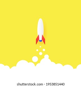 The concept of a successful start. Startup launch, big idea and creativity. A rocket on a yellow background takes off above the clouds. Vector illustration.