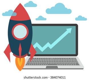 Concept of successful startup. Chart as a symbol of business growth. Flat vector illustration with spaceship and laptop.