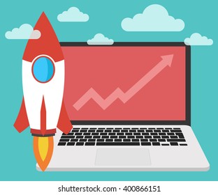 Concept of successful startup. Chart as a symbol of business growth. Flat vector illustration with spaceship and laptop.