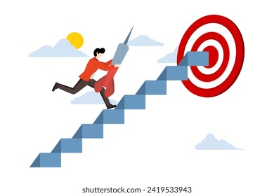 Concept of successful steps to achieve business goals, challenge concept, cheerful businessman carrying darts on ladder to reach dartboard target. developing a journey or goal to achieve a goal.