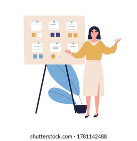 Concept of successful task completion, effective work planning, time management. Happy woman stand by clipboard with note, show gesture ok. Organize agenda. Flat vector illustration isolated on white