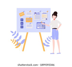 Concept of successful task completion, effective work planning, time management. Happy woman stand by clipboard with note, show gesture ok. Organize agenda. Flat vector illustration isolated on white
