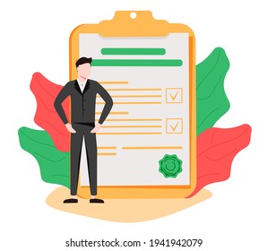 Concept of successful task completion, organize effective daily plan, time management. Happy man stand by clipboard with big mobile interface. Flat vector illustration isolated on white background