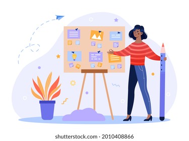 Concept of successful task completion. Woman next to the blackboard correctly organizes working hours. Effective work planning, time management. Cartoon flat vector illustration on a white background