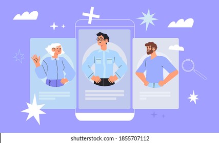 Concept of successful team management, leadership, teambuilding for ui, ux, web design, banner, presentation or application. People on smartphone screen talking, having conversation, online meeting.