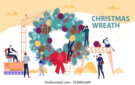 Concept with successful team people preparing for celebration of merry christmas and decoration christmas wreath