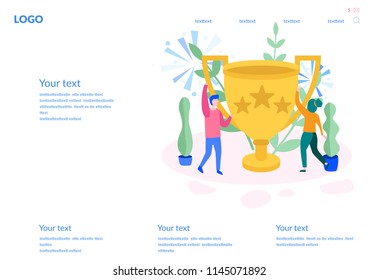 Concept successful team for web page, banner, presentation, social media, documents, cards, posters. Vector illustration leadership qualities, golden cup, Teamwork, Group of young people, Winners