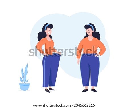 The concept of successful weight loss. Fat and slim girl. Happy fit woman in oversized pants and sad version of woman overweight. Cartoon vector illustration isolated on white background