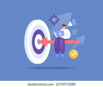 concept of successfully achieving goals and targets. successfully exceeding targets. objective and mission. illustration of an employee working and succeeding on target. flat style design. elements