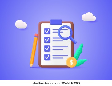 The concept of successfully completing business tasks. Checklist tablet icon on paper. Vector 3d illustration.