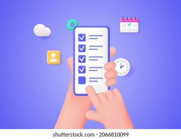 The concept of successfully completing business tasks. Hands hold a smartphone with a checklist. Vector 3d illustration.