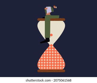 The concept of successfully completing a task, organizing an effective plan, good time management. A man with a tablet sits on a giant hourglass.