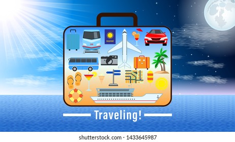 Concept Suitcase with set different pictures for travel on the surface against the change of day and night, the sun and moon in the sky. Advertising for vacation travel, leisure. Vector Illustration