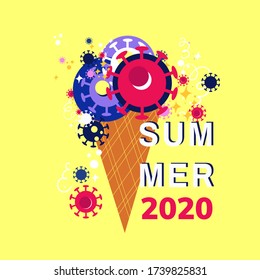 Concept of summer 2020 during the pandemic of covid-19. Stock vector illustration of a ice cream with coronavirus symbol for season banner, label, poster, logo summer. Coronavirus and summer.