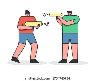 Concepto De Juegos De Actividad De Verano. Feliz Niño Y Niña Divirtiéndose Juntos Durante El Caluroso Día De Verano. Amigos Toman Armas De Agua Al Aire Libre. Ilustración del vector plano de contorno lineal de caricatura