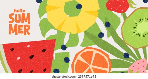 Concept of summer banner. Vector illustration with top view on hand-drawn summer fruit and berries. Summer bright background design for party, branding, covers, sale, events, promo banners.