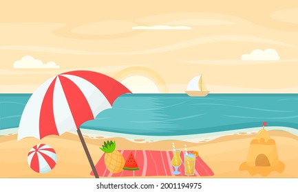 The concept of a summer beach on the seashore. Design of the background of a summer tropical trip.