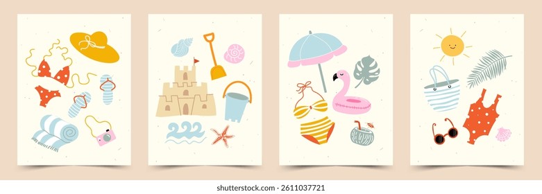 Concept of Summer and beach poster, cover, card set with trendy hand-drawn abstract prints. Summer weekends and holidays, vacation, travel illustrations.